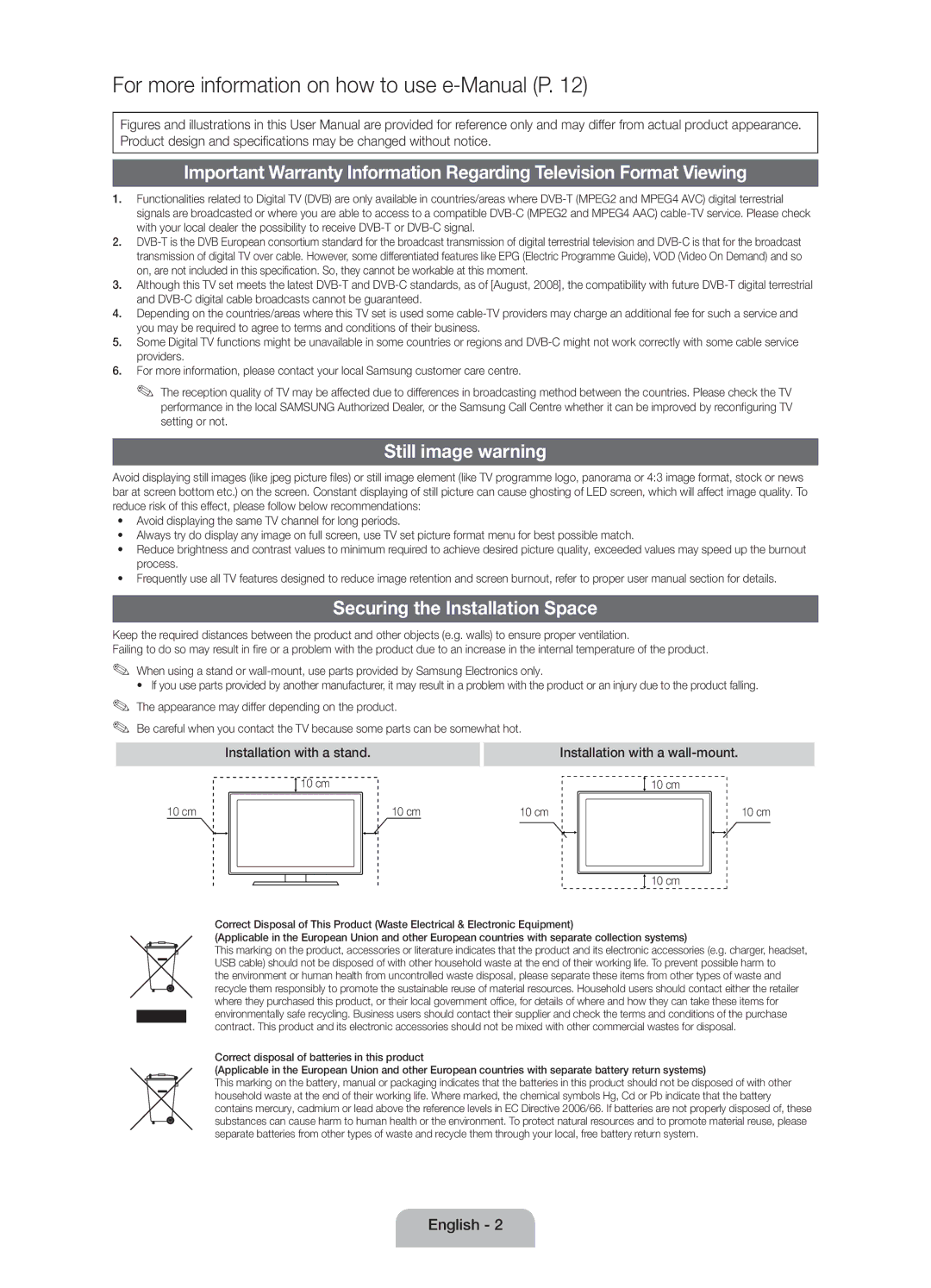 Samsung UE32D4010NWXRU, UE32D4000NWXRU Still image warning, Securing the Installation Space, Installation with a stand 