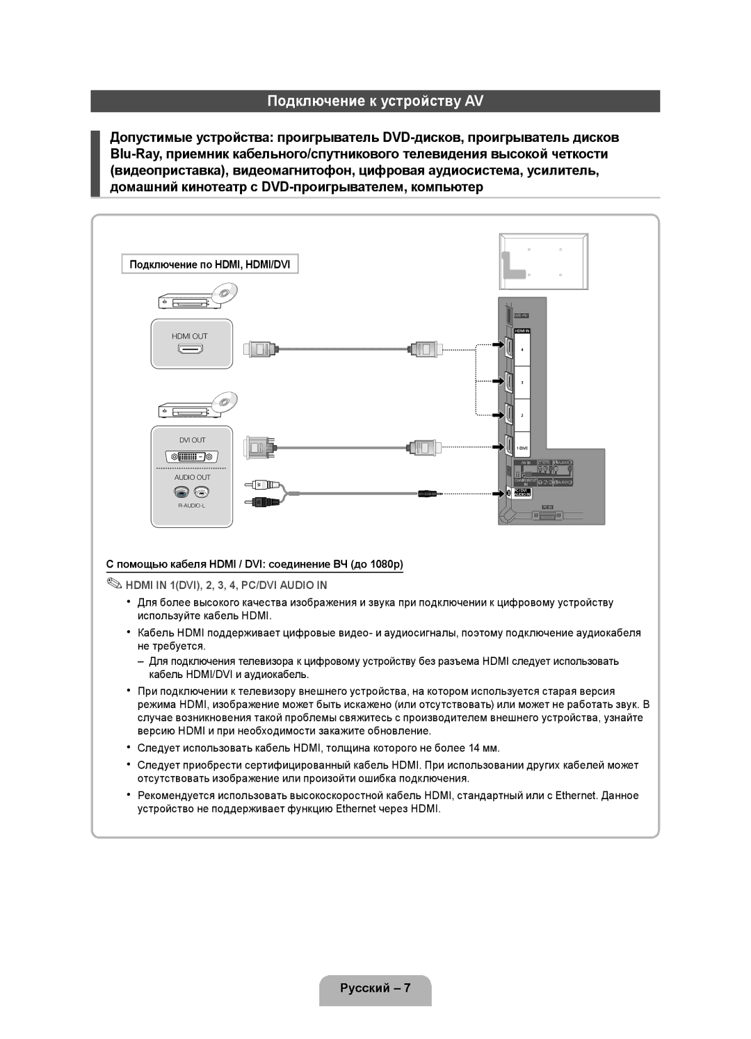 Samsung UE32D4000NWXMS, UE32D4000NWXRU, UE32D4020NWXRU manual Подключение к устройству AV, Подключение по HDMI, HDMI/DVI 