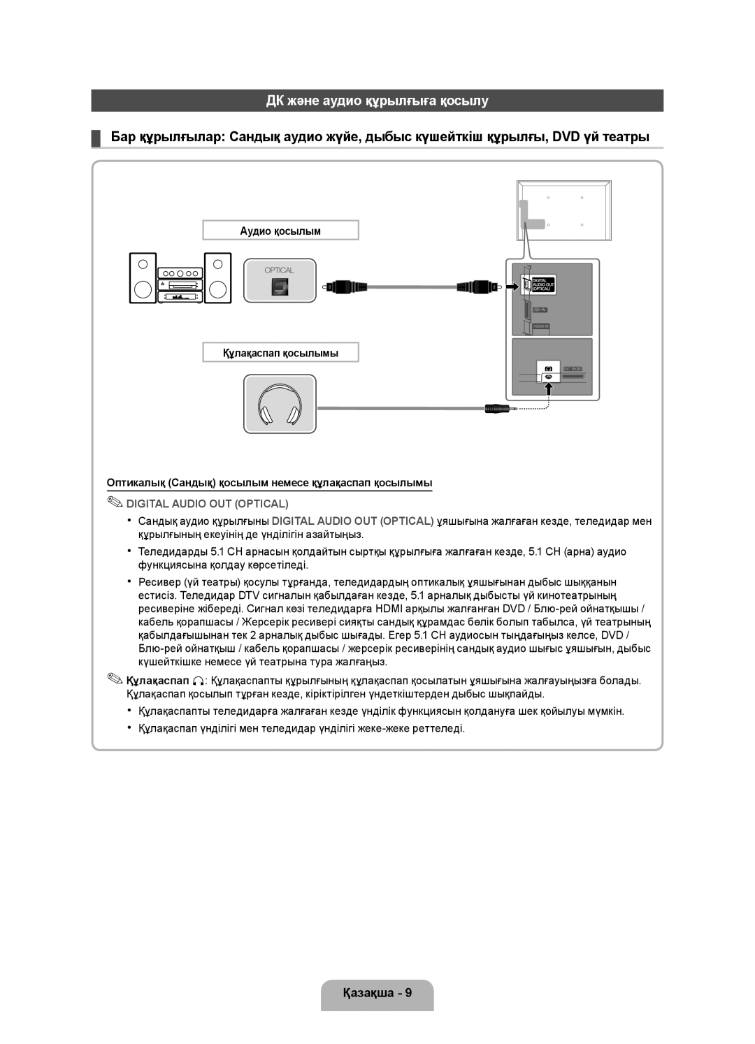 Samsung UE32D4020NWXRU, UE32D4000NWXRU, UE32D4010NWXRU, UE32D4000NWXMS manual ДК және аудио құрылғыға қосылу, Аудио қосылым 