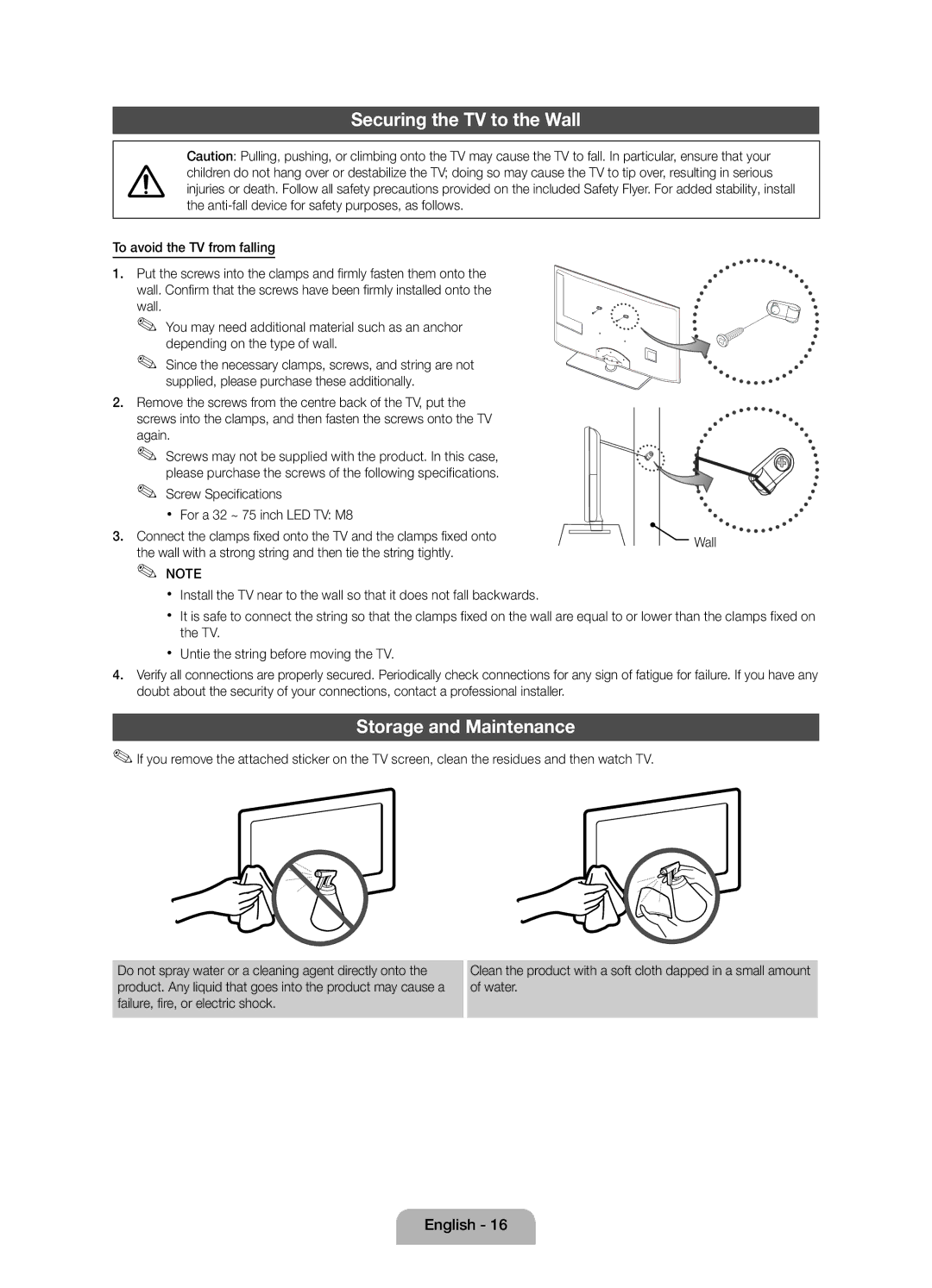 Samsung UE32D4000NWXXH, UE32D4000NWXXC Securing the TV to the Wall, Storage and Maintenance, To avoid the TV from falling 