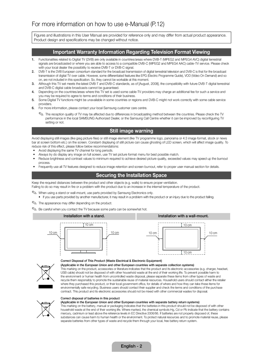 Samsung UE32D4000NWXXH, UE32D4000NWXXC, UE32D4020NWXXH, UE32D4010NWXXH Still image warning, Securing the Installation Space 