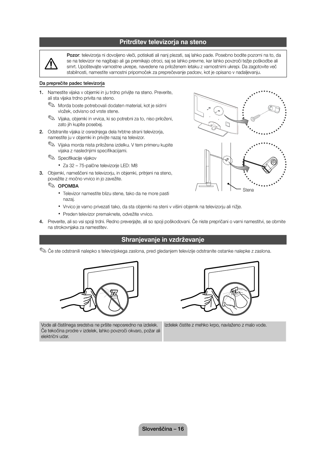 Samsung UE32D4020NWXBT, UE32D4000NWXXC, UE32D4020NWXXH manual Pritrditev televizorja na steno, Shranjevanje in vzdrževanje 