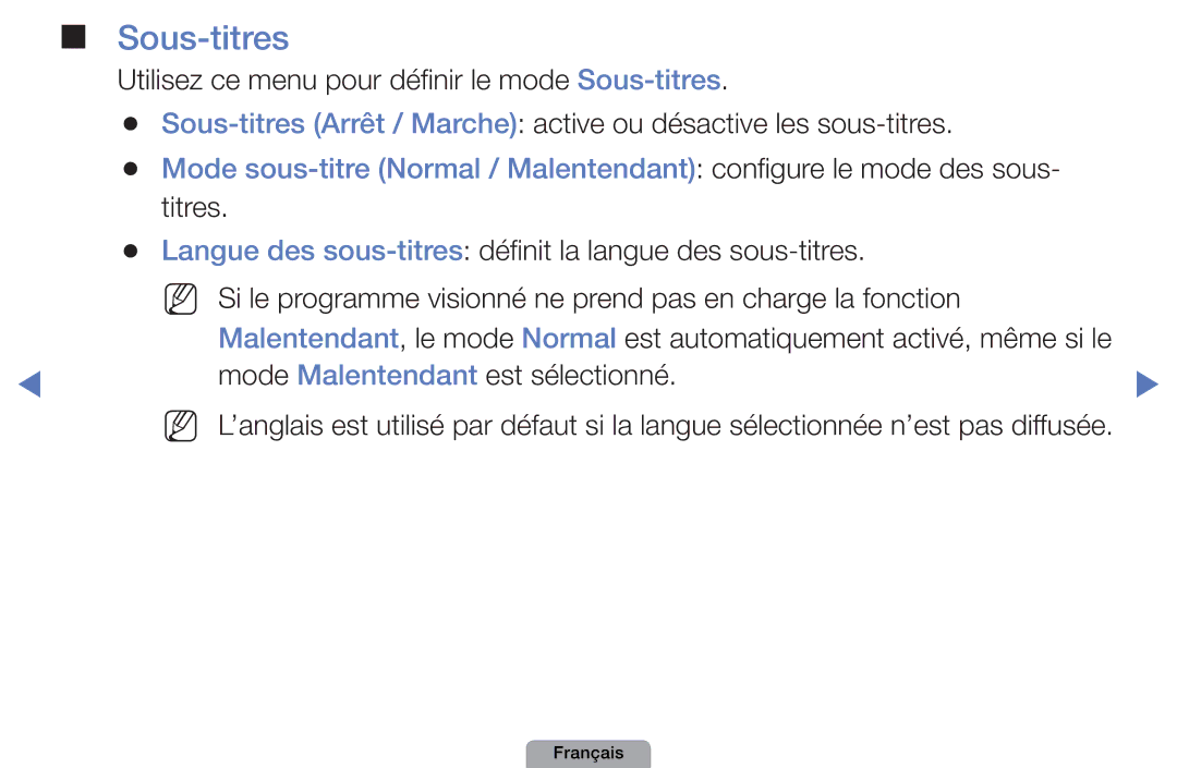 Samsung UE32D5000PWXZF, UE32D4000NWXZF, UE19D4000NWXZF, UE27D5010NWXXC manual Sous-titres, Mode Malentendant est sélectionné 