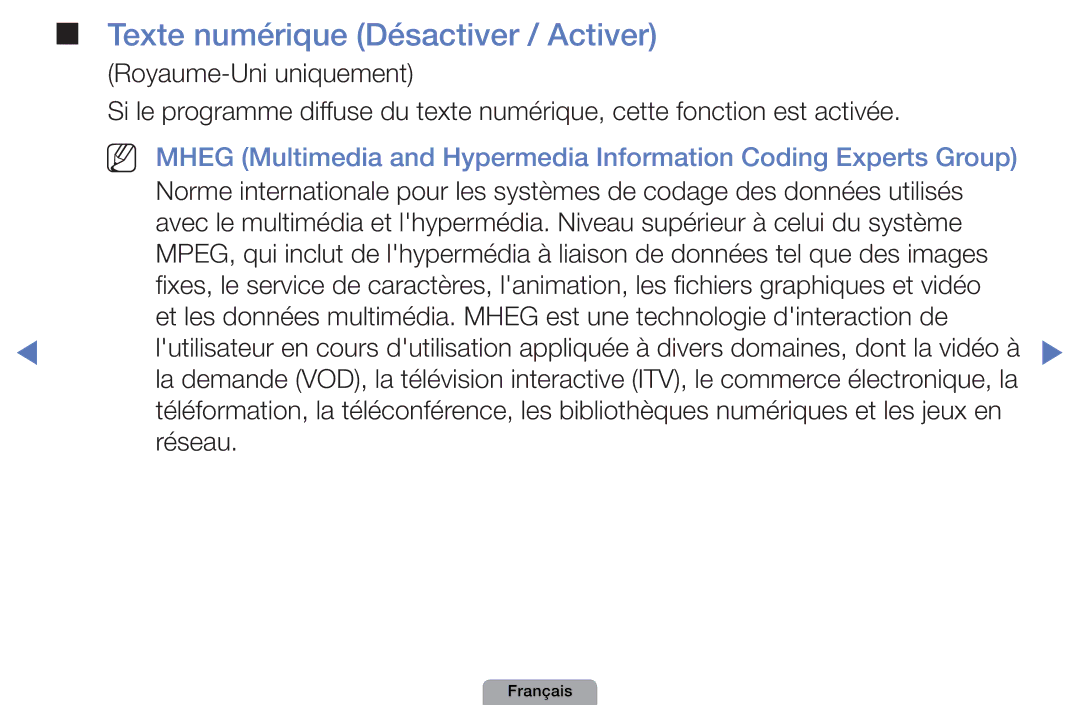 Samsung UE46D5000PWXZF, UE32D4000NWXZF, UE19D4000NWXZF, UE27D5010NWXXC manual Texte numérique Désactiver / Activer, Réseau 