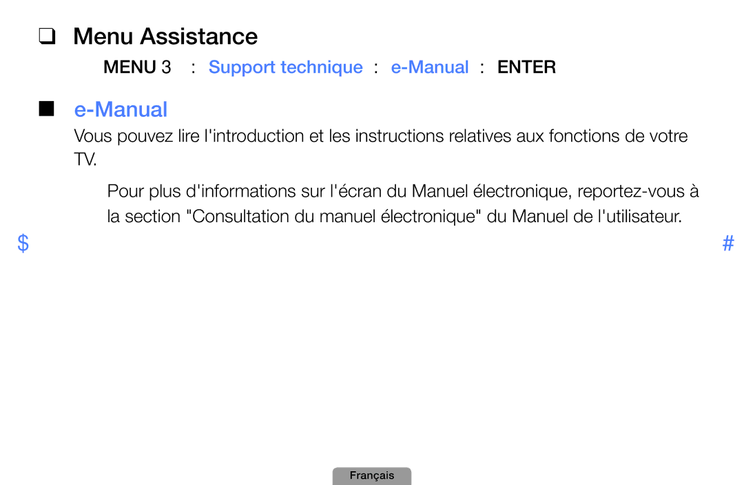 Samsung UE22D5000NWXXC, UE32D4000NWXZF, UE19D4000NWXZF Menu Assistance, OOMENUm → Support technique → e-Manual → Entere 