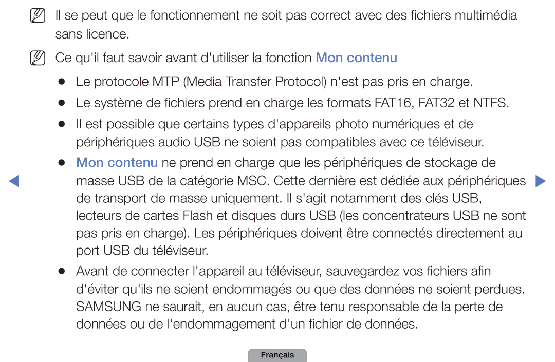 Samsung UE32D5000PWXZF, UE32D4000NWXZF manual Port USB du téléviseur, Données ou de lendommagement dun fichier de données 