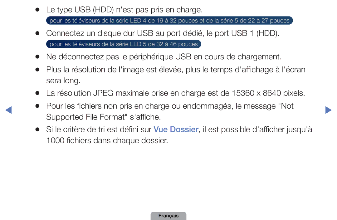 Samsung UE46D5000PWXZF, UE32D4000NWXZF manual Le type USB HDD nest pas pris en charge, Fichiers dans chaque dossier 