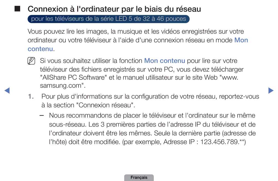 Samsung UE19D4010NWXZF, UE32D4000NWXZF, UE19D4000NWXZF manual Contenu, ’hôte doit être modifiée. par exemple, Adresse IP 