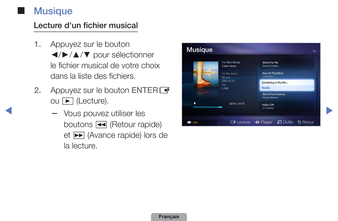 Samsung UE22D5000NHXXC, UE32D4000NWXZF, UE19D4000NWXZF manual Musique, Lecture dun fichier musical Appuyez sur le bouton 