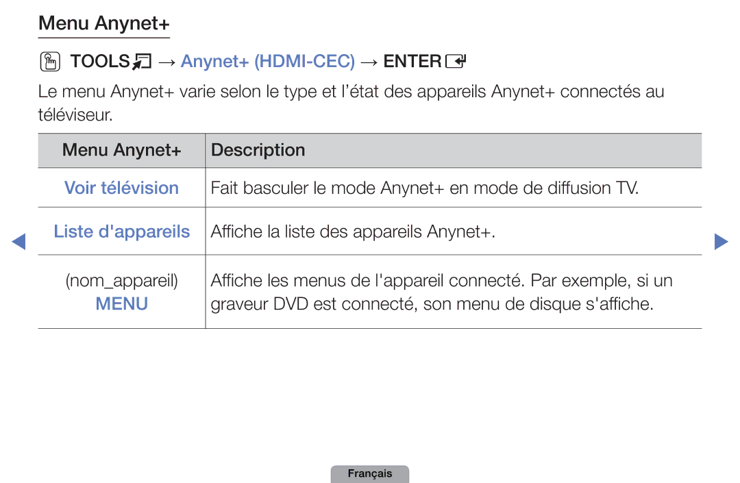 Samsung UE22D5010NWXZF, UE32D4000NWXZF manual Ootoolst → Anynet+ HDMI-CEC → Entere, Voir télévision, Liste dappareils 