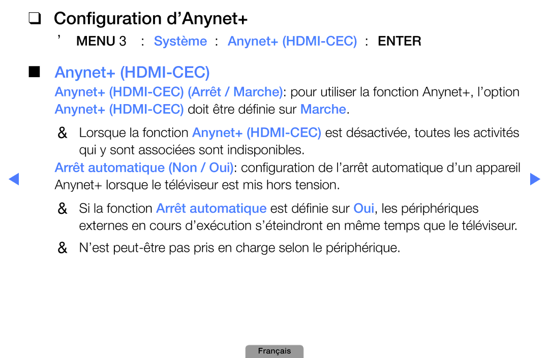 Samsung UE32D4000NWXXC manual OOMENUm → Système → Anynet+ HDMI-CEC → Entere, Qui y sont associées sont indisponibles 