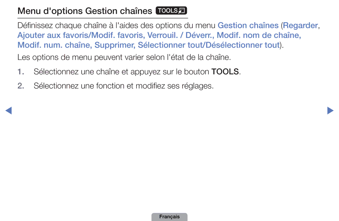 Samsung UE22D5000NWXXC, UE32D4000NWXZF, UE19D4000NWXZF, UE27D5010NWXXC, UE27D5000NWXZF manual Menu doptions Gestion chaînes t 