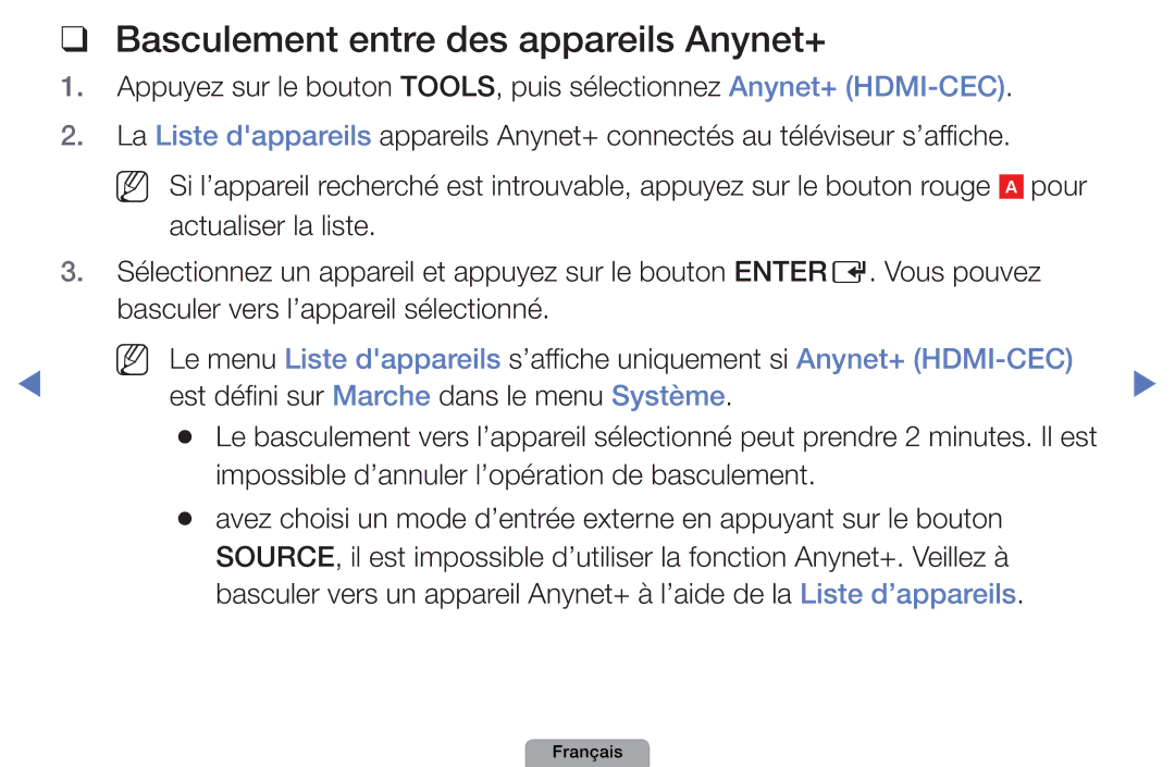 Samsung UE40D5000PWXZF, UE32D4000NWXZF, UE19D4000NWXZF manual Basculement entre des appareils Anynet+, Anynet+ HDMI-CEC 