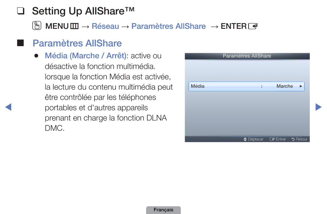 Samsung UE22D5000NWXZF, UE32D4000NWXZF, UE19D4000NWXZF Setting Up AllShare, OOMENUm → Réseau → Paramètres AllShare → Entere 
