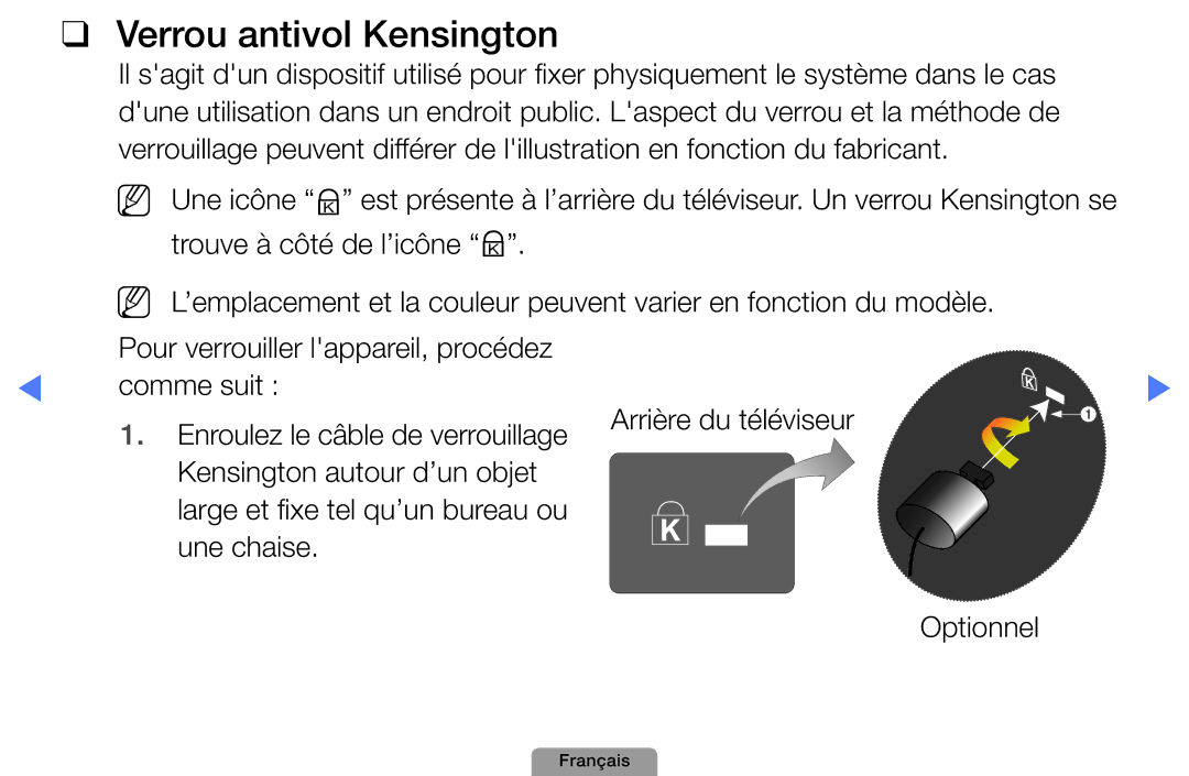 Samsung UE22D5000NWXXC, UE32D4000NWXZF, UE19D4000NWXZF, UE27D5010NWXXC, UE27D5000NWXZF manual Verrou antivol Kensington 