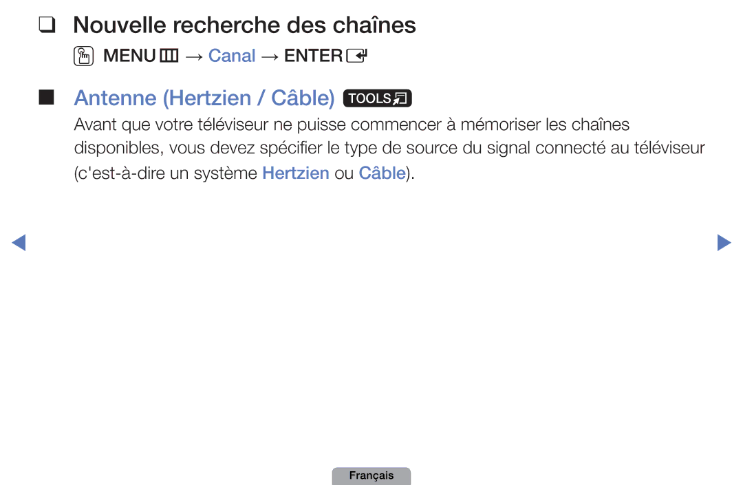 Samsung UE32D4000NWXZF manual Nouvelle recherche des chaînes, Antenne Hertzien / Câble t, OOMENUm → Canal → Entere 