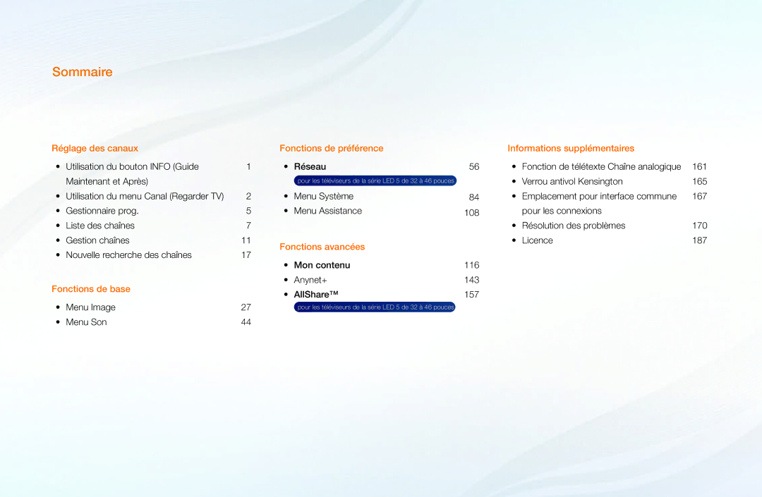 Samsung UE27D5010NWXXC, UE32D4000NWXZF, UE19D4000NWXZF, UE27D5000NWXZF, UE22D5000NHXXC, UE37D5000PWXZF, UE32D5000PWXZF Sommaire 