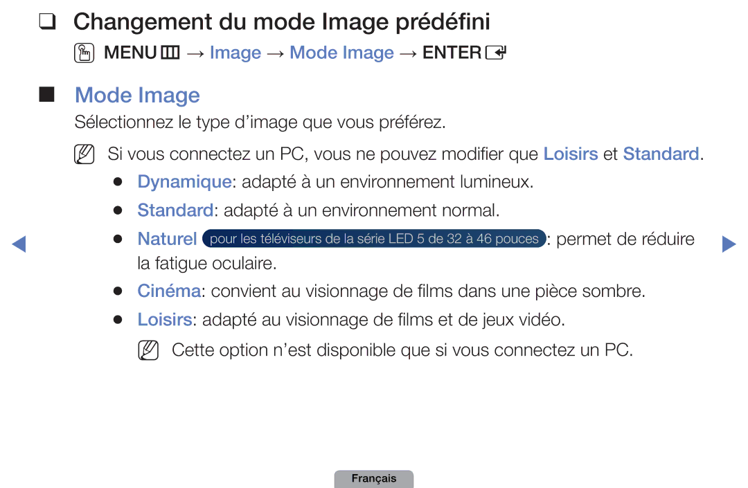 Samsung UE32D4010NWXXC manual Changement du mode Image prédéfini, OOMENUm → Image → Mode Image → Entere, Naturel 