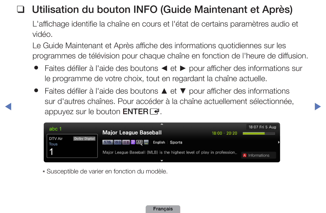 Samsung UE27D5000NWXZF, UE32D4000NWXZF, UE19D4000NWXZF, UE27D5010NWXXC Utilisation du bouton Info Guide Maintenant et Après 