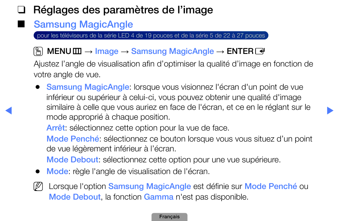 Samsung UE19D4010NWXZF, UE32D4000NWXZF, UE19D4000NWXZF manual Réglages des paramètres de l’image, Samsung MagicAngle 