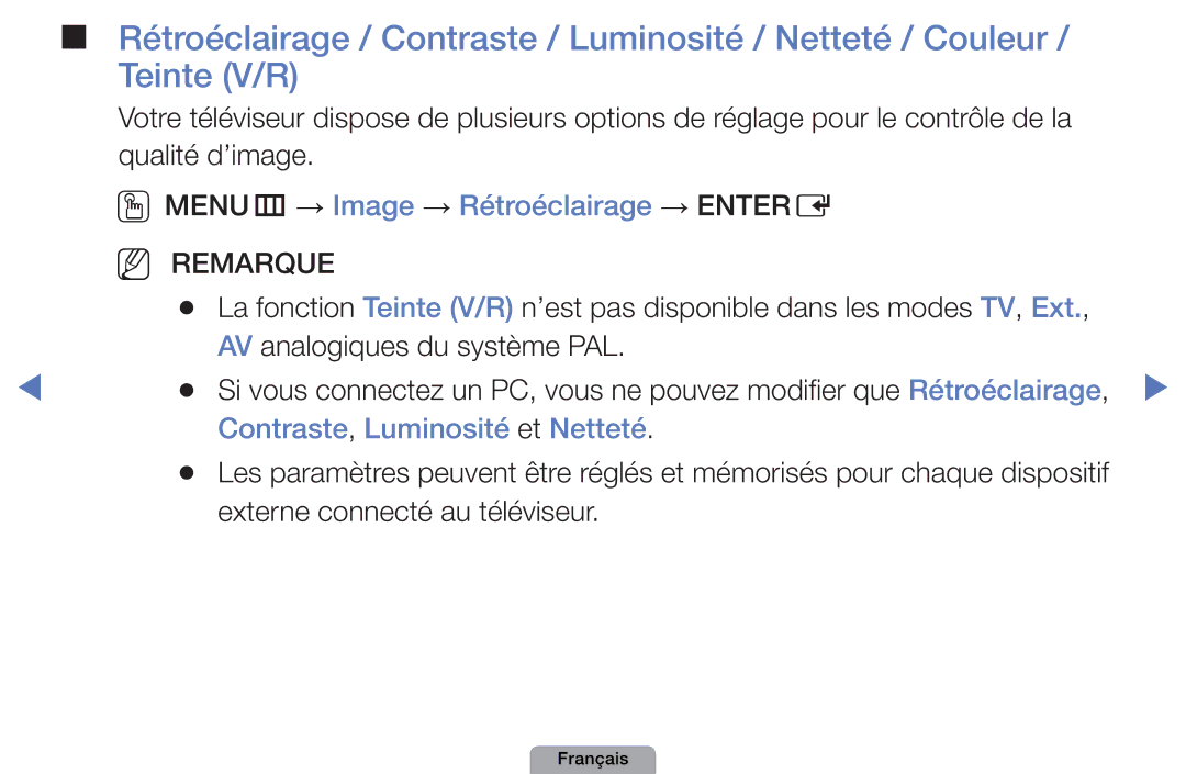 Samsung UE27D5010NWXZF, UE32D4000NWXZF manual OOMENUm → Image → Rétroéclairage → Entere, AV analogiques du système PAL 