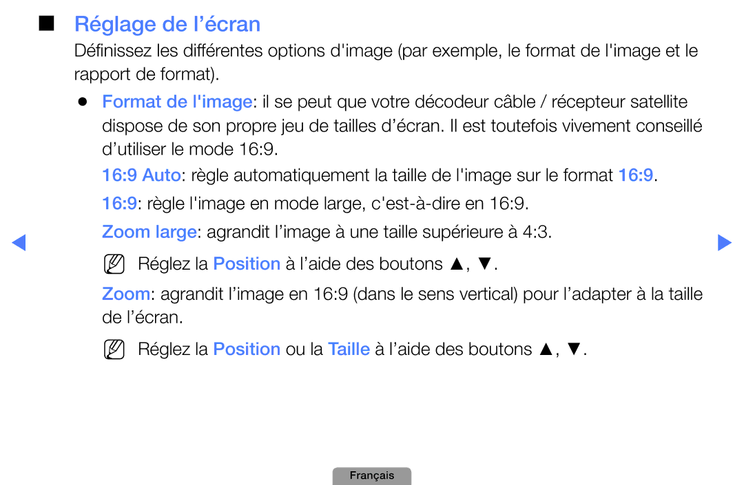 Samsung UE27D5000NHXXC, UE32D4000NWXZF, UE19D4000NWXZF, UE27D5010NWXXC, UE27D5000NWXZF, UE22D5000NHXXC manual Réglage de l’écran 
