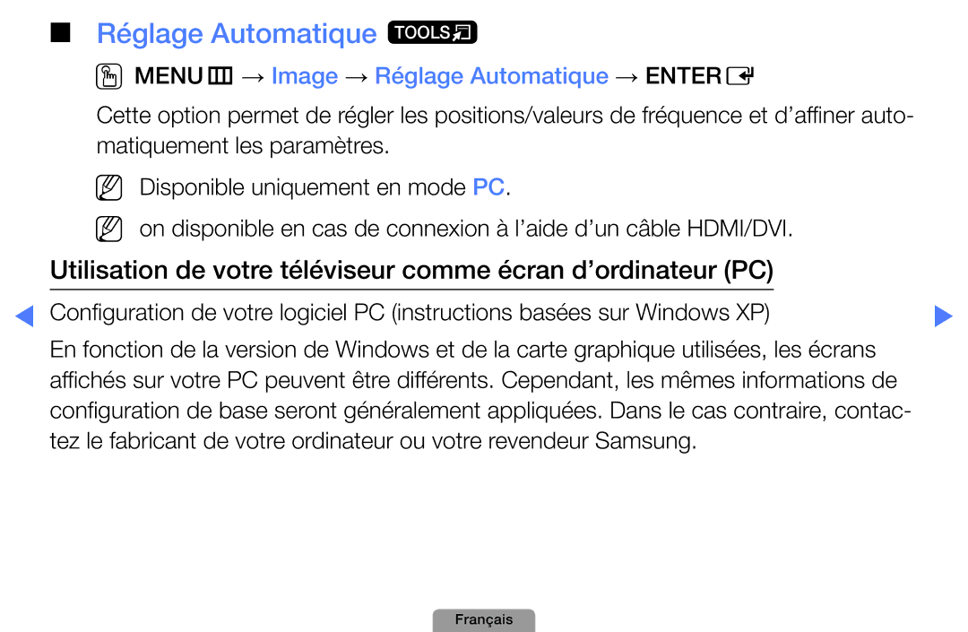 Samsung UE40D5000PWXXC, UE32D4000NWXZF manual Réglage Automatique t, OOMENUm → Image → Réglage Automatique → Entere 