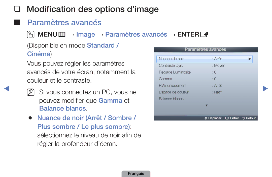 Samsung UE19D4000NWXZF, UE32D4000NWXZF Modification des options d’image, OOMENUm → Image → Paramètres avancés → Entere 