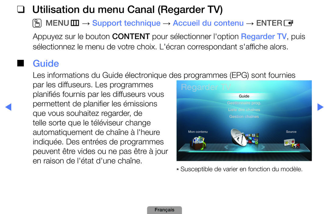 Samsung UE22D5000NHXXC, UE32D4000NWXZF, UE19D4000NWXZF, UE27D5010NWXXC manual Utilisation du menu Canal Regarder TV, Guide 