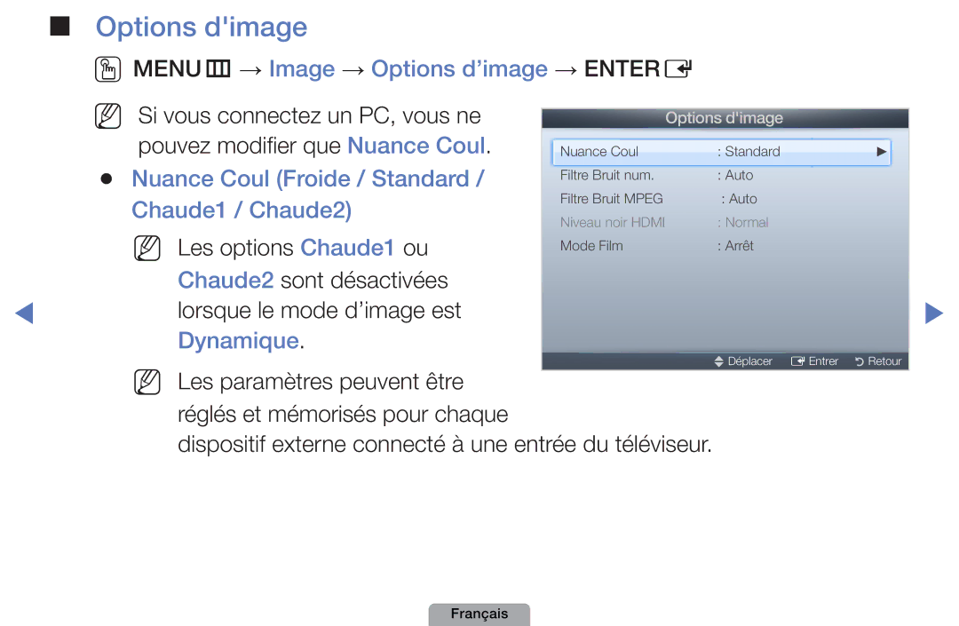 Samsung UE22D5000NHXXC manual Options dimage, OOMENUm → Image → Options d’image → Entere, Nuance Coul Froide / Standard 