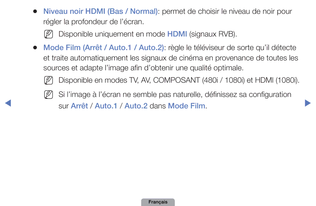 Samsung UE32D5000PWXZF, UE32D4000NWXZF, UE19D4000NWXZF, UE27D5010NWXXC manual Sur Arrêt / Auto.1 / Auto.2 dans Mode Film 