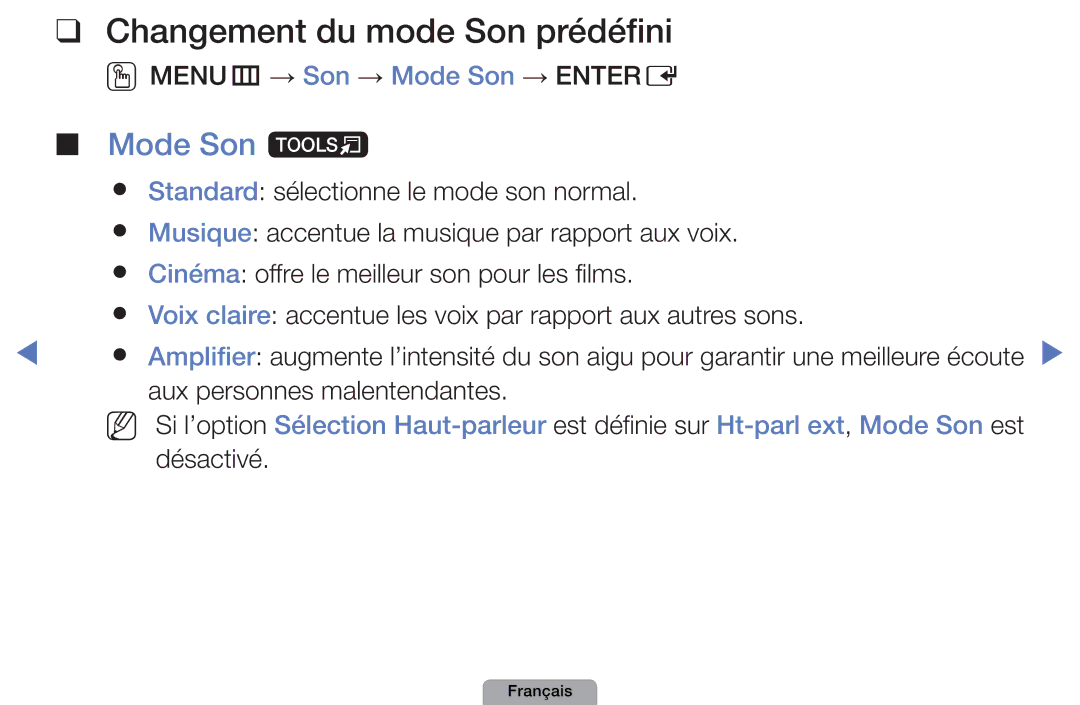 Samsung UE22D5000NWXZF, UE32D4000NWXZF Changement du mode Son prédéfini, Mode Son t, OOMENUm → Son → Mode Son → Entere 