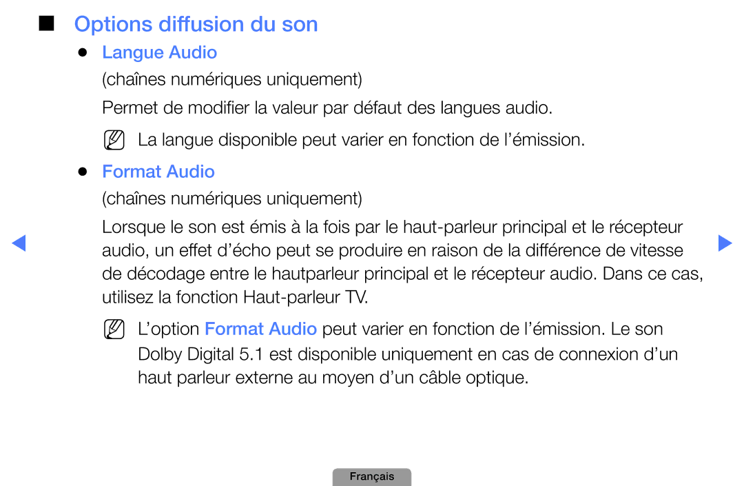 Samsung UE19D4010NWXZF, UE32D4000NWXZF Options diffusion du son, Langue Audio, Format Audio, Chaînes numériques uniquement 