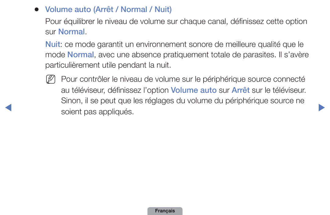 Samsung UE40D5000PWXZF manual Volume auto Arrêt / Normal / Nuit, Option, Sur Normal, Particulièrement utile pendant la nuit 