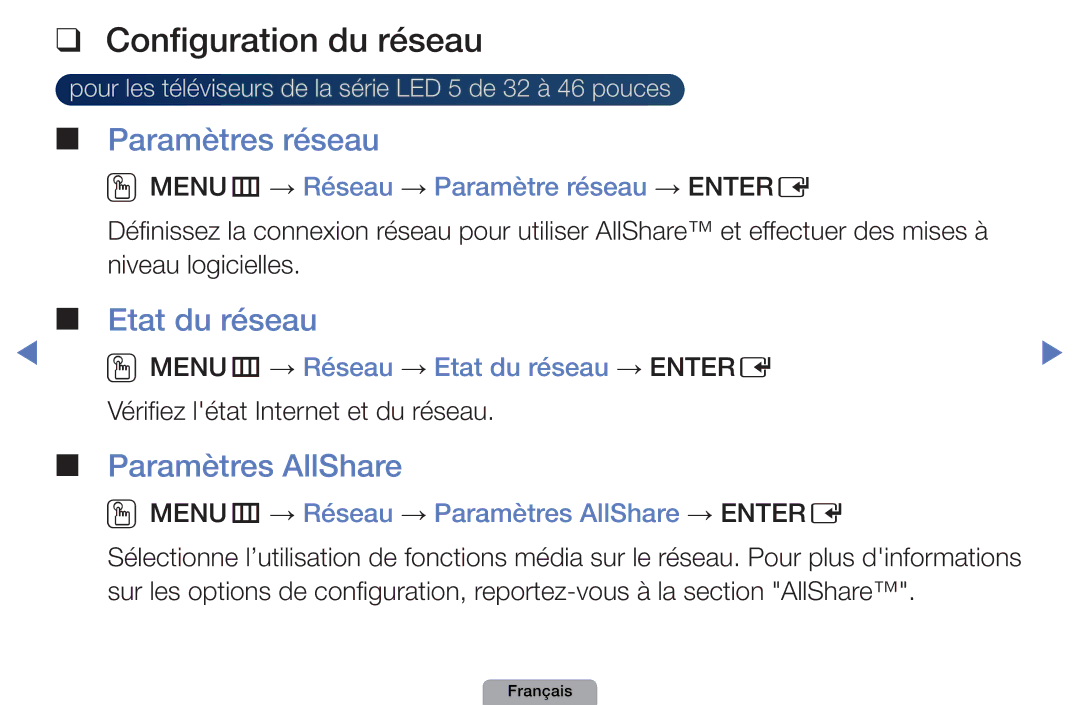 Samsung UE19D4000NWXZF, UE32D4000NWXZF Configuration du réseau, Paramètres réseau, Etat du réseau, Paramètres AllShare 