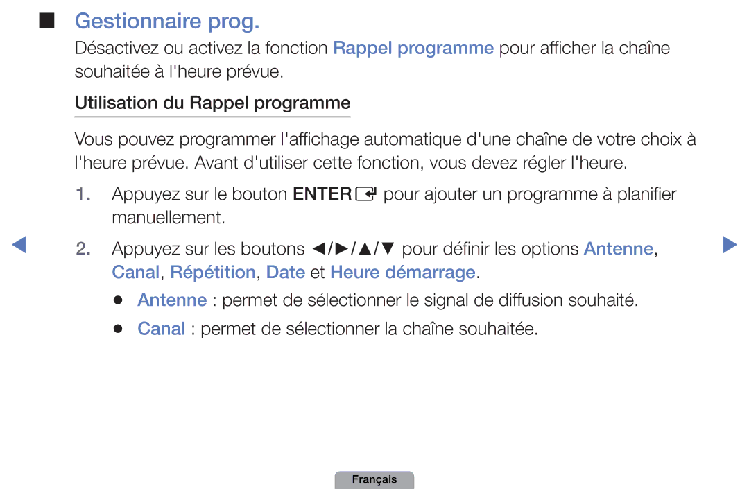 Samsung UE46D5000PWXZF, UE32D4000NWXZF, UE19D4000NWXZF manual Gestionnaire prog, Canal, Répétition, Date et Heure démarrage 