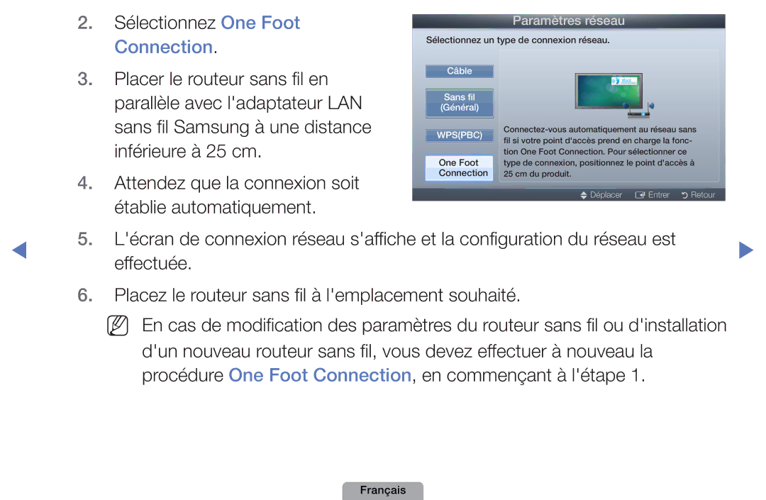 Samsung UE32D5000PWXZF manual Sélectionnez One Foot, Connection, Placer le routeur sans fil en, Inférieure à 25 cm 