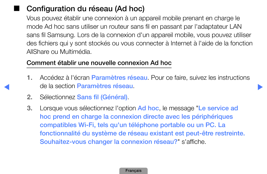 Samsung UE46D5000PWXZF, UE32D4000NWXZF, UE19D4000NWXZF, UE27D5010NWXXC, UE27D5000NWXZF manual Configuration du réseau Ad hoc 