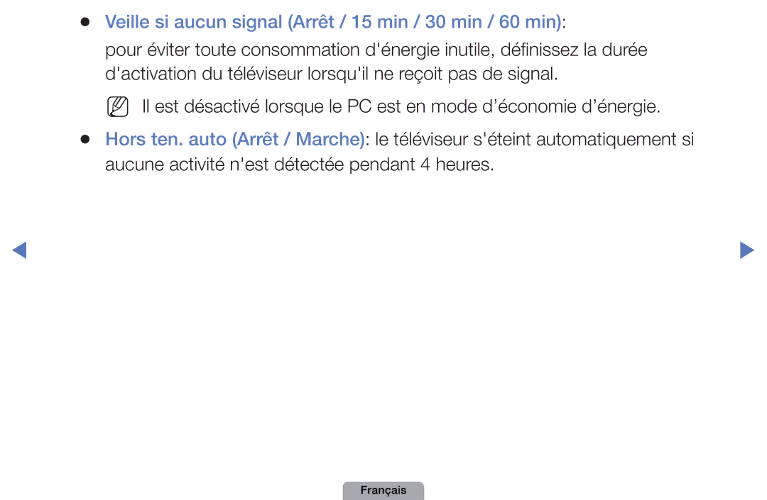 Samsung UE27D5000NWXZF, UE32D4000NWXZF, UE19D4000NWXZF manual Veille si aucun signal Arrêt / 15 min / 30 min / 60 min 