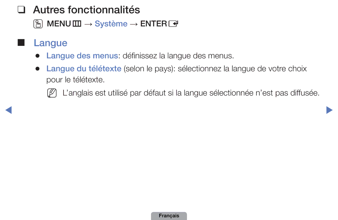 Samsung UE22D5000NHXXC, UE32D4000NWXZF, UE19D4000NWXZF manual Autres fonctionnalités, Langue, OOMENUm → Système → Entere 
