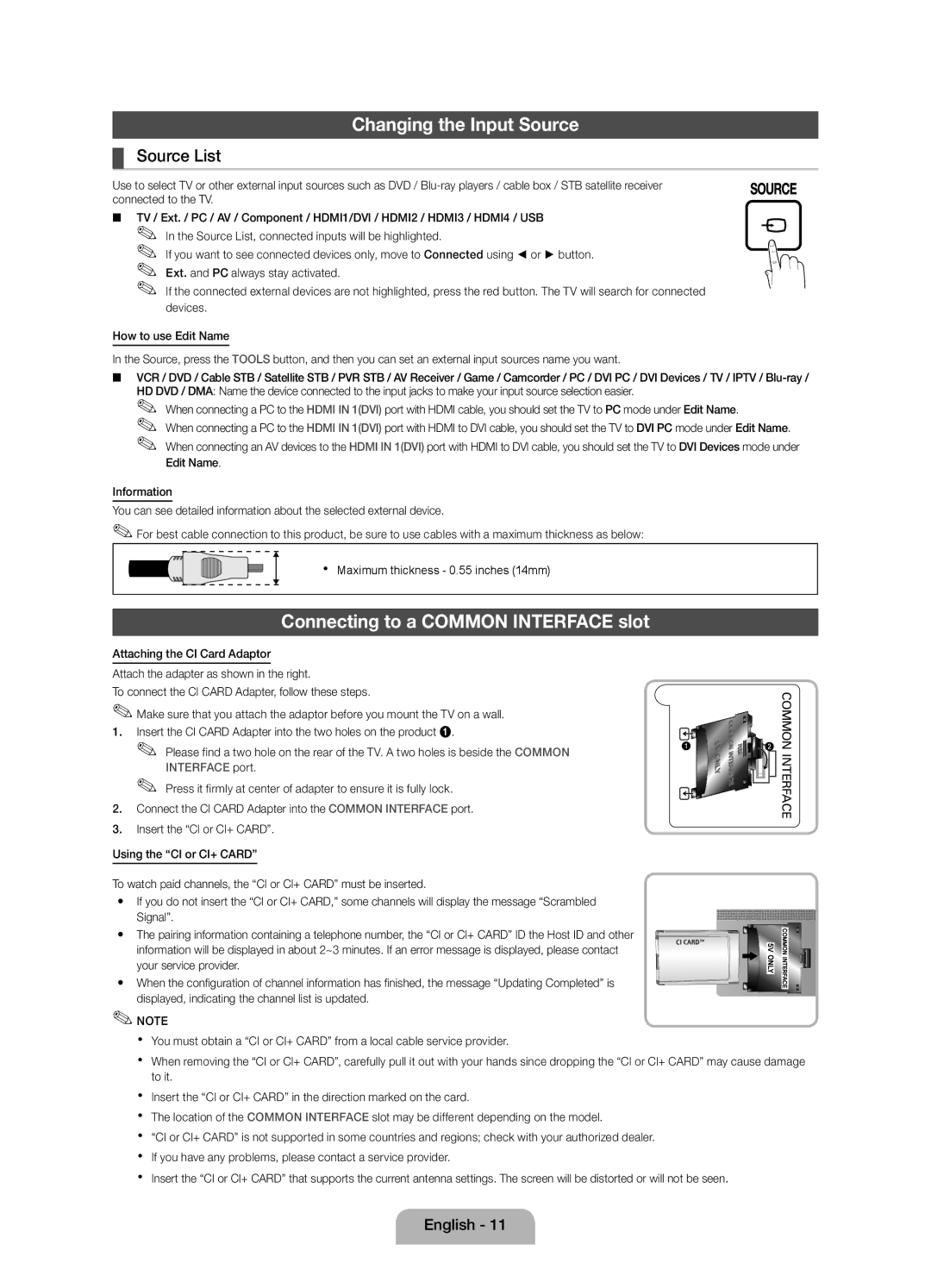 Samsung UE32D4000NWXXC, UE32D4000NWXZF manual Changing the Input Source, Connecting to a Common Interface slot, Source List 