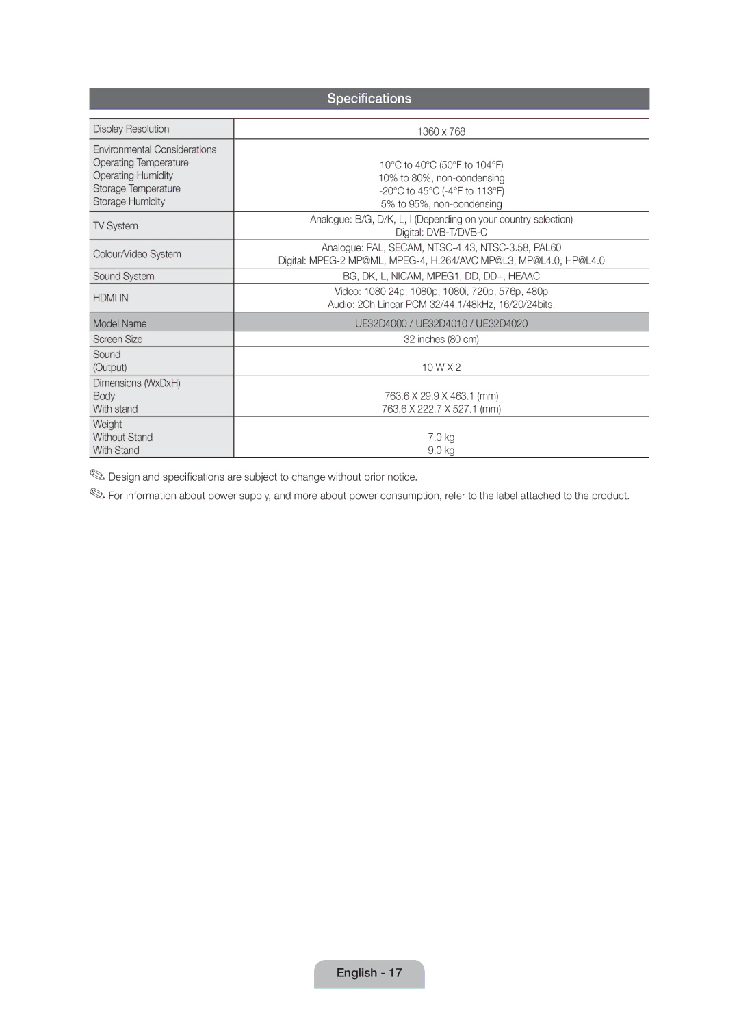 Samsung UE32D4010NWXZF manual Display Resolution, Operating Temperature, Operating Humidity, Storage Temperature, TV System 