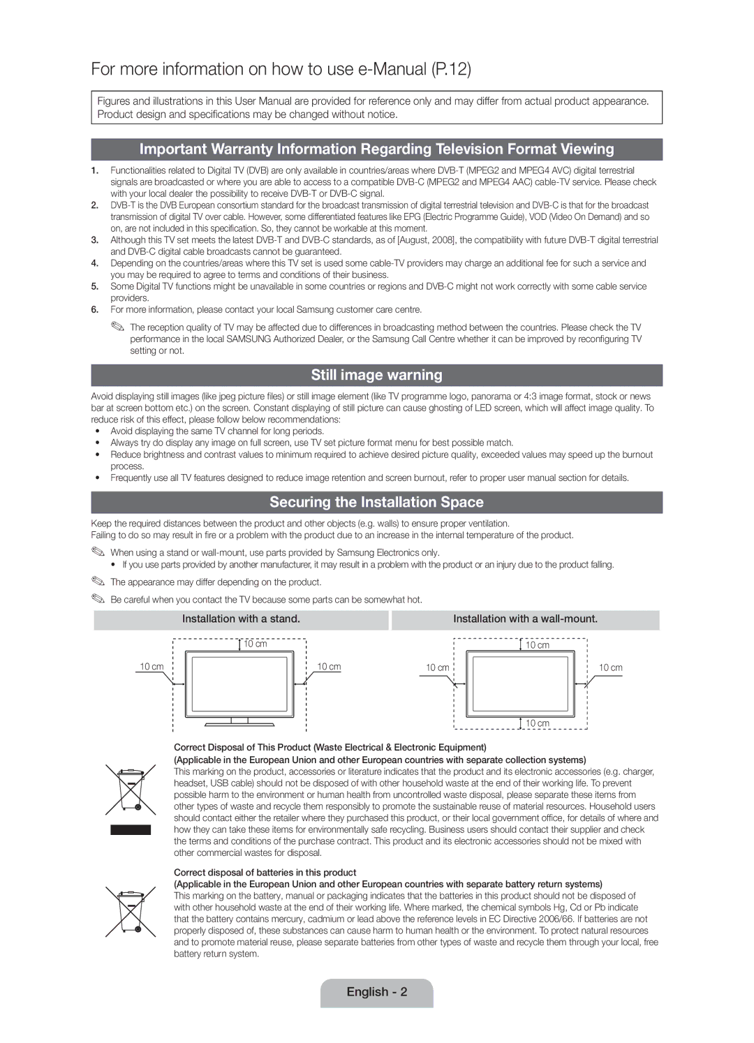 Samsung UE32D4010NWXXC, UE32D4000NWXZF, UE32D4010NWXZF manual Still image warning, Securing the Installation Space, 10 cm 