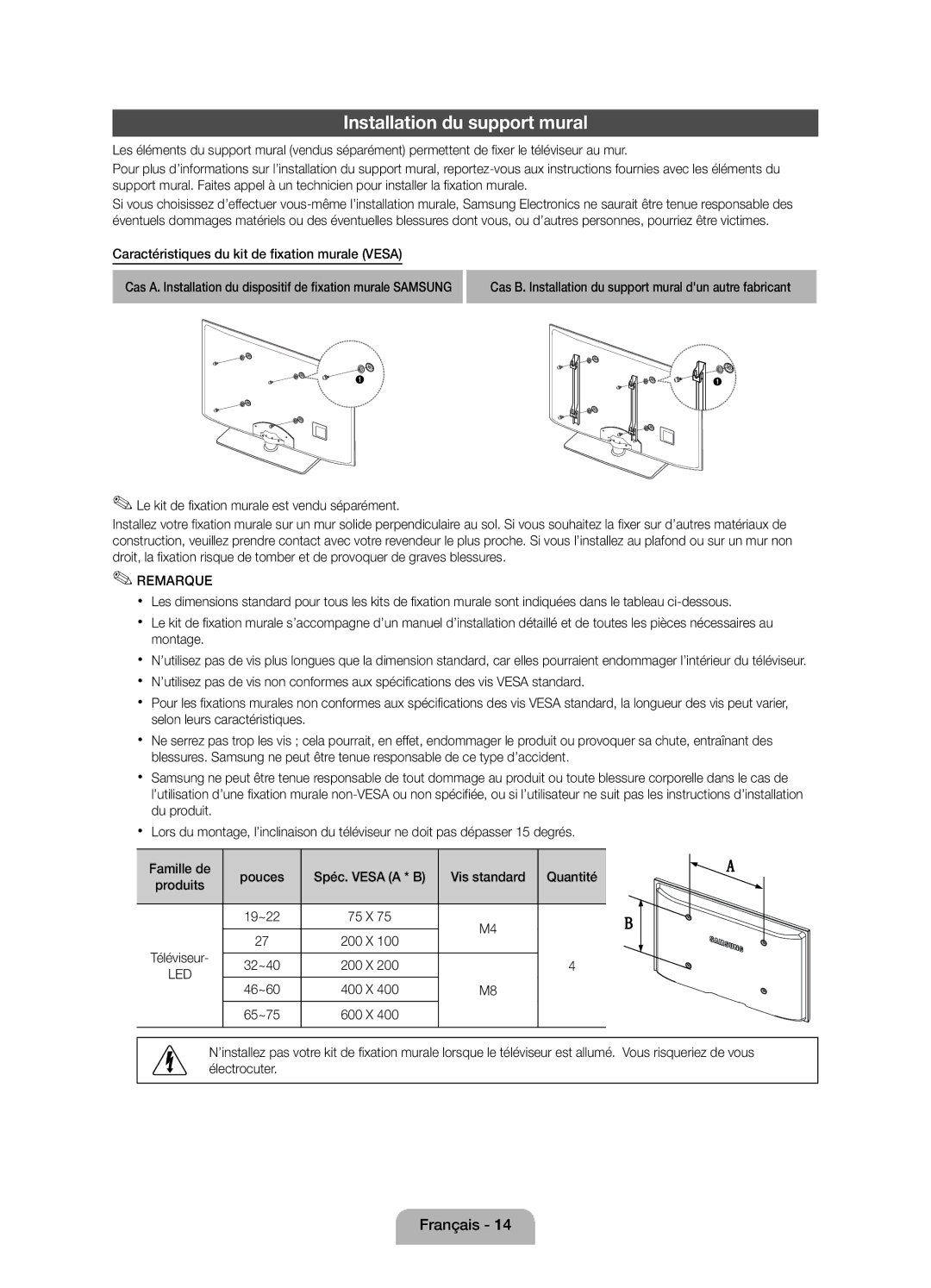 Samsung UE32D4010NWXXC manual Installation du support mural, Caractéristiques du kit de fixation murale Vesa, 32~40 200 X 