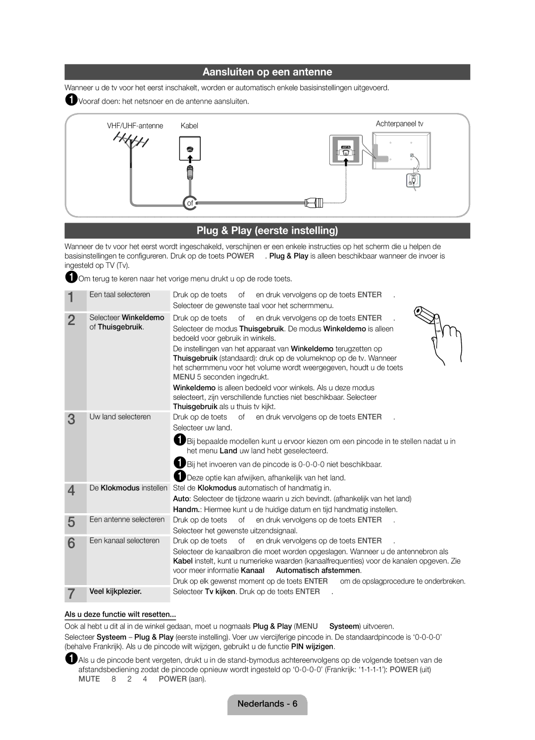 Samsung UE32D4010NWXXC manual Aansluiten op een antenne, Plug & Play eerste instelling, Thuisgebruik, Uw land selecteren 