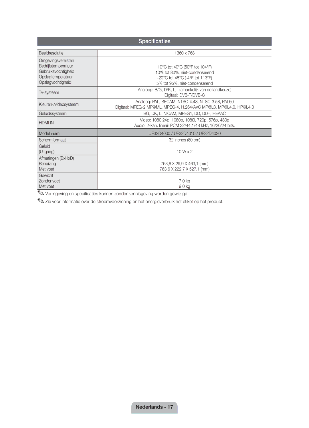 Samsung UE32D4010NWXZF Beeldresolutie, Omgevingsvereisten Bedrijfstemperatuur, Gebruiksvochtigheid, Opslagtemperatuur 