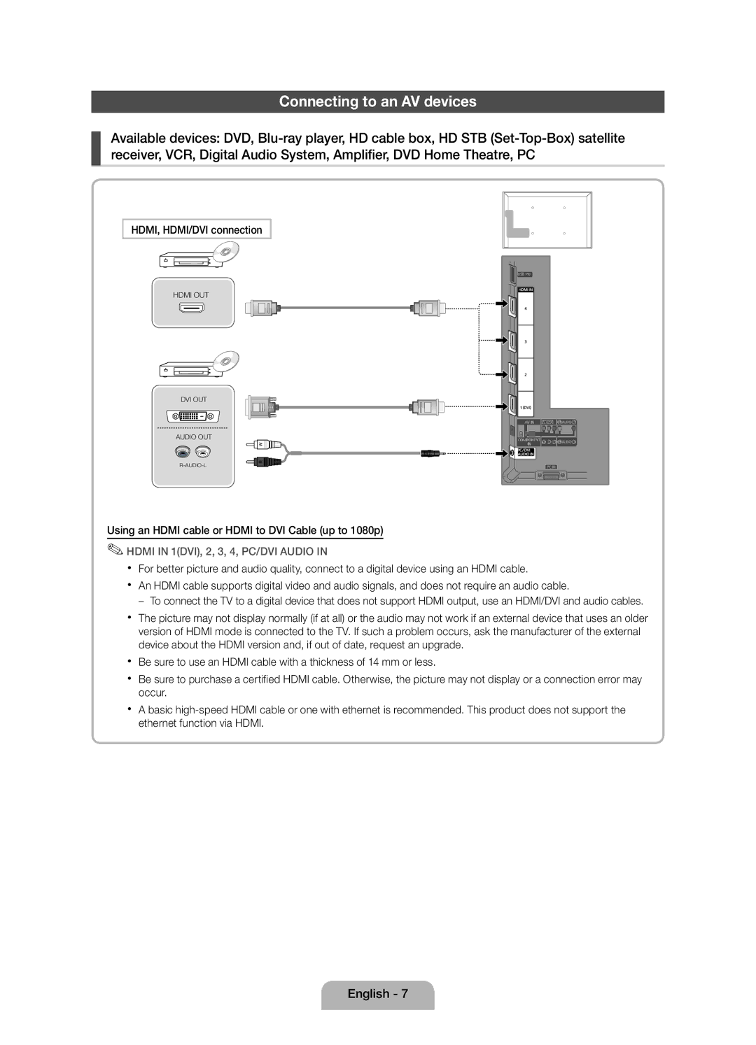 Samsung UE32D4000NWXXC, UE32D4000NWXZF, UE32D4010NWXZF manual Connecting to an AV devices, HDMI, HDMI/DVI connection 