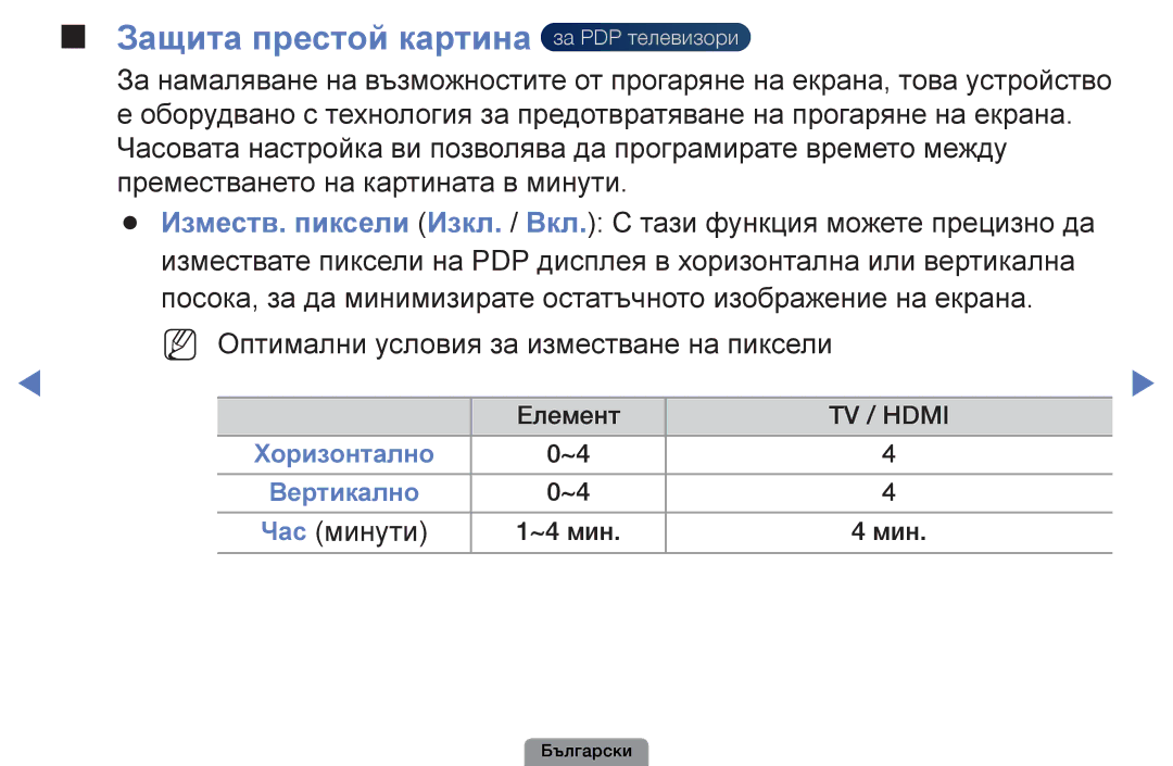 Samsung UE32D4003BWXBT manual Защита престой картина за PDP телевизори, NN Оптимални условия за изместване на пиксели 