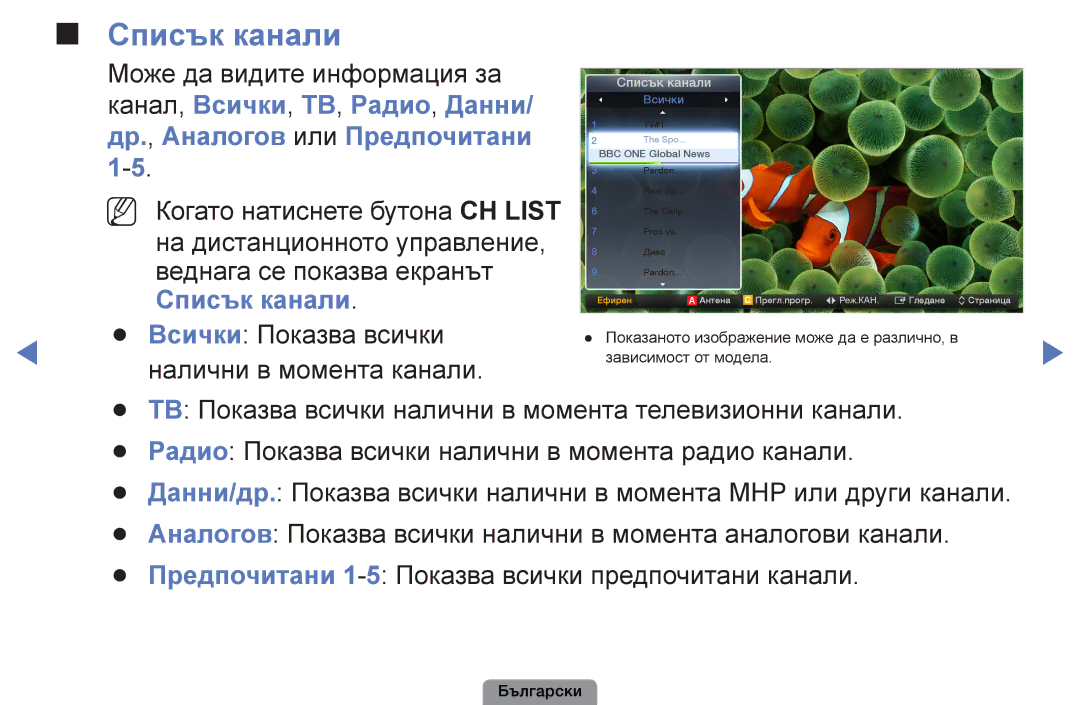 Samsung UE26D4003BWXBT, UE32D4003BWXBT, UE40D5003BWXBT manual Списък канали, Всички Показва всички налични в момента канали 