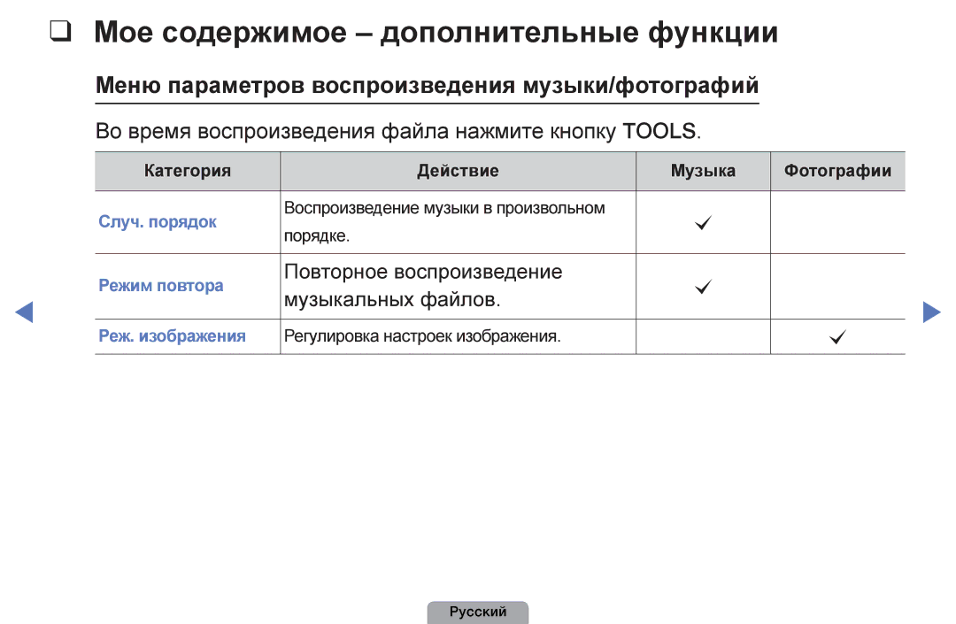 Samsung UE32D4003BWXRU, UE32D4003BWXBT Мое содержимое дополнительные функции, Повторное воспроизведение Музыкальных файлов 